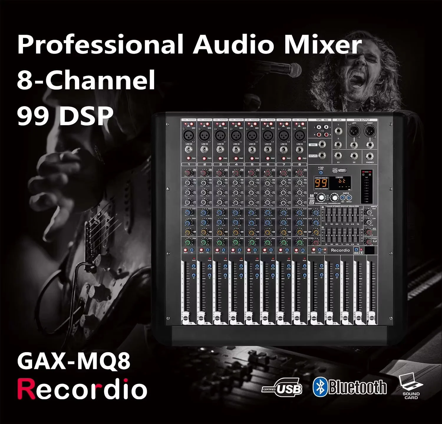 Professional GAX-MQ8 800W*2  Stereo 8-channel Stage Mixer With 99 DSP 7-Segment Equalizer Power Amplifier Mixer