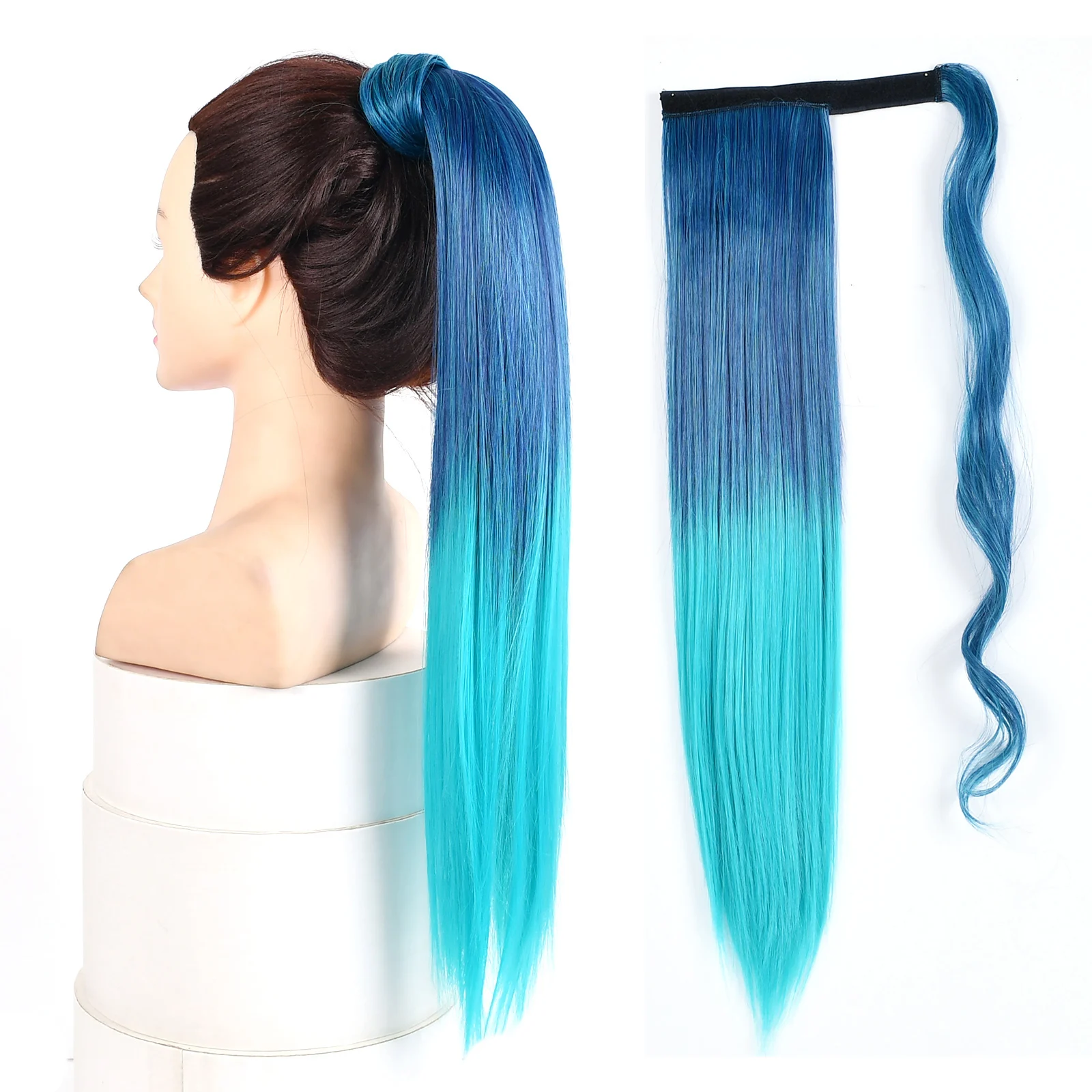 

Synthetic Ponytail Extension Blue Pink Colorful Ombre Color Straight 22inch Wrap Around Pony Tail Heat Resistant Fake Hairpieces