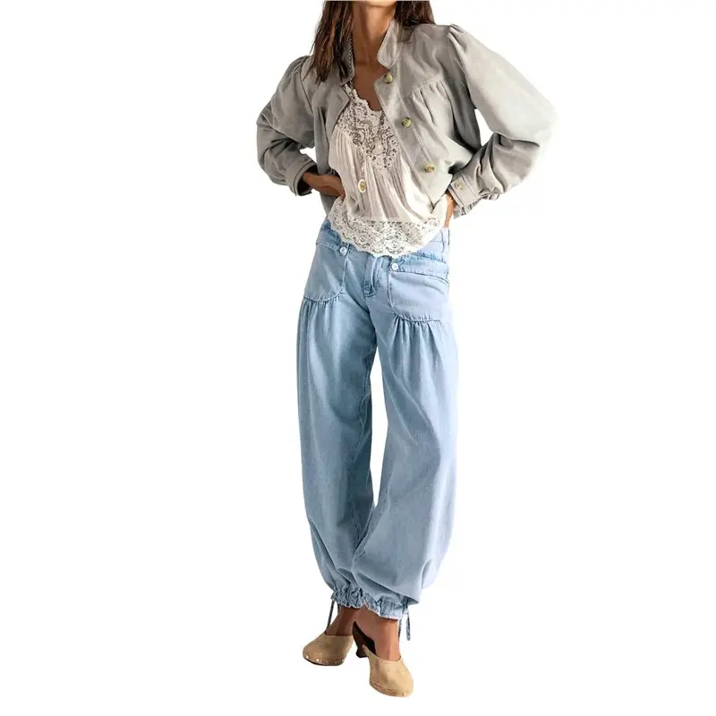 

Женские джинсы ABRT-лотос, широкие, с завышенной талией, свободного кроя, с оборками и плиссировкой, на шнурке, светло-голубые, размер M