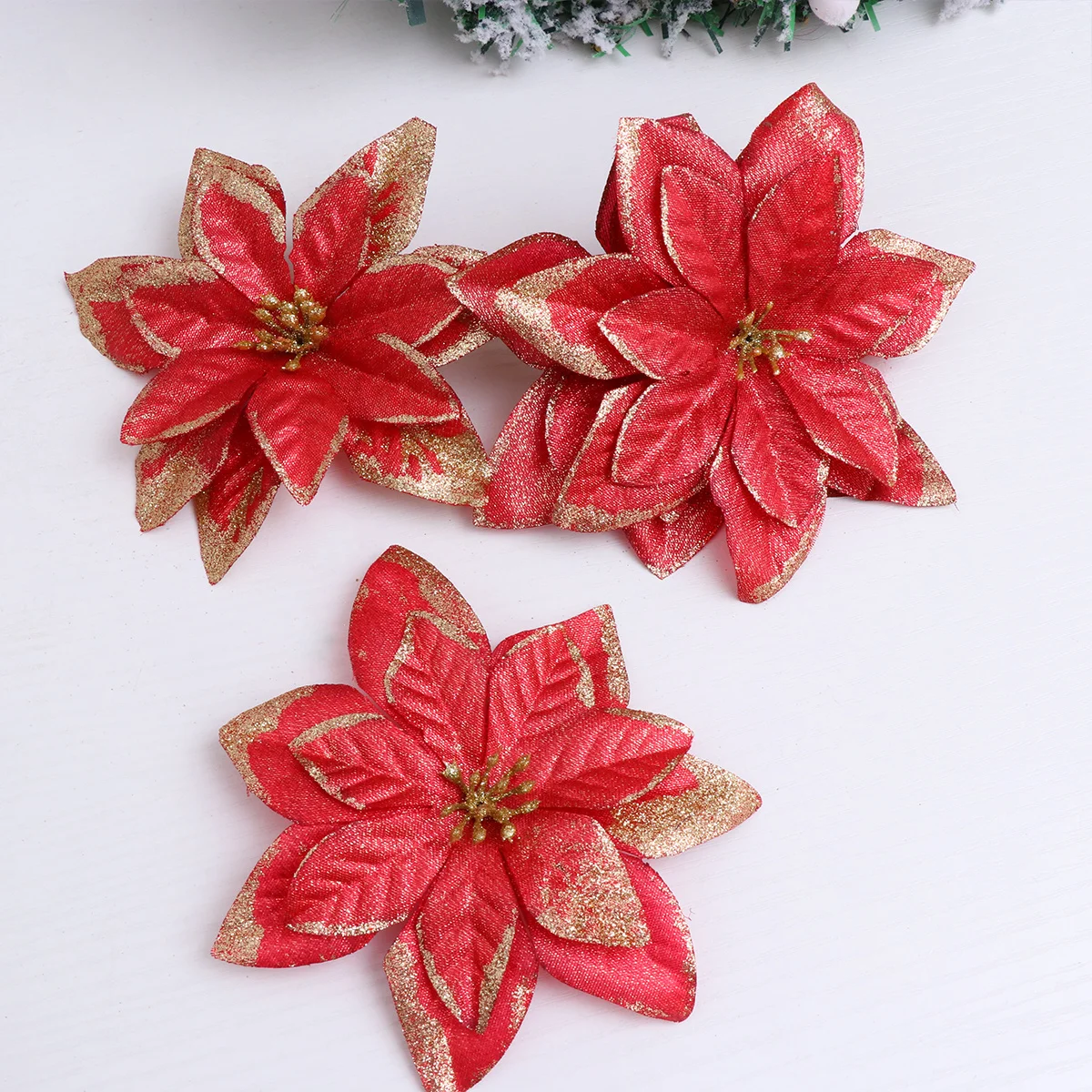 

12Pcs Christmas Flower Glitter Decor Simulation Artificial Bloom for Tree Home Holiday Decoration Window Wall Door Display Red