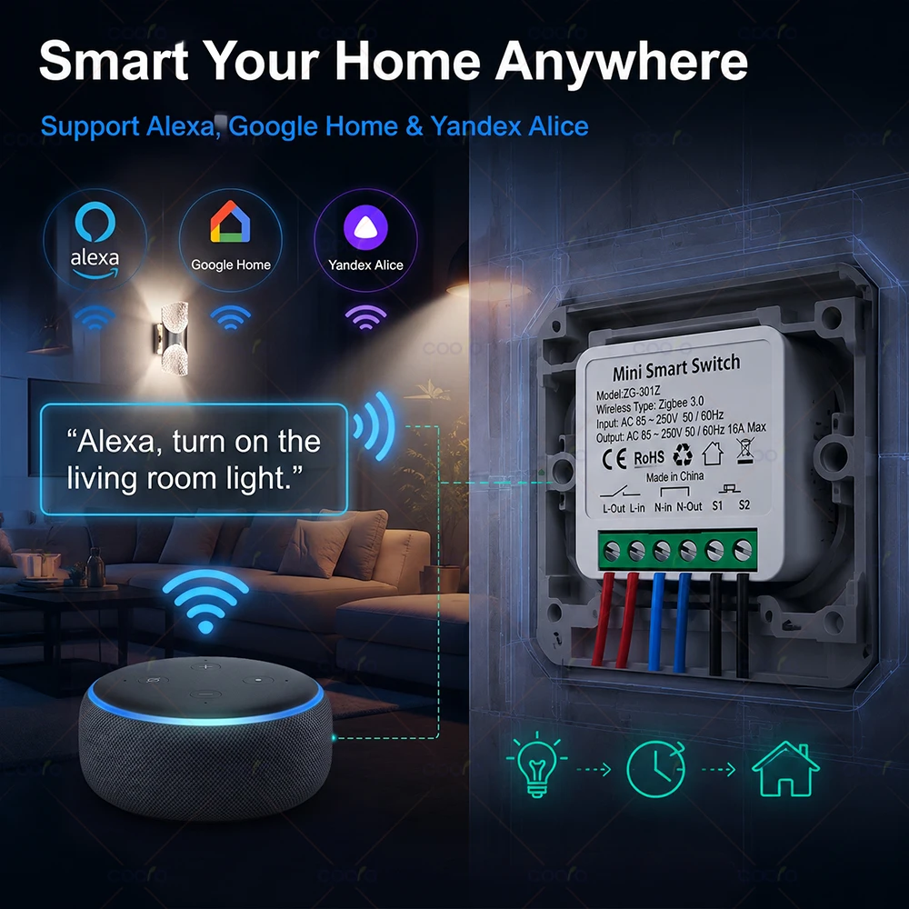Tuya Zigbee 1 2-Gang 16A Switch Breaker Smart Home Light Relay Automation Module Work with Tuya Hub Smart Life Alexa Google Home image 4