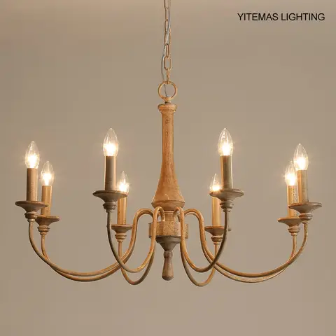 French Wooden Chandelier Lighting Vintage Bedroom Lamp Pendant 5/6/8/10/12/15 Lights In Living/Dining room Kitchen Hallway