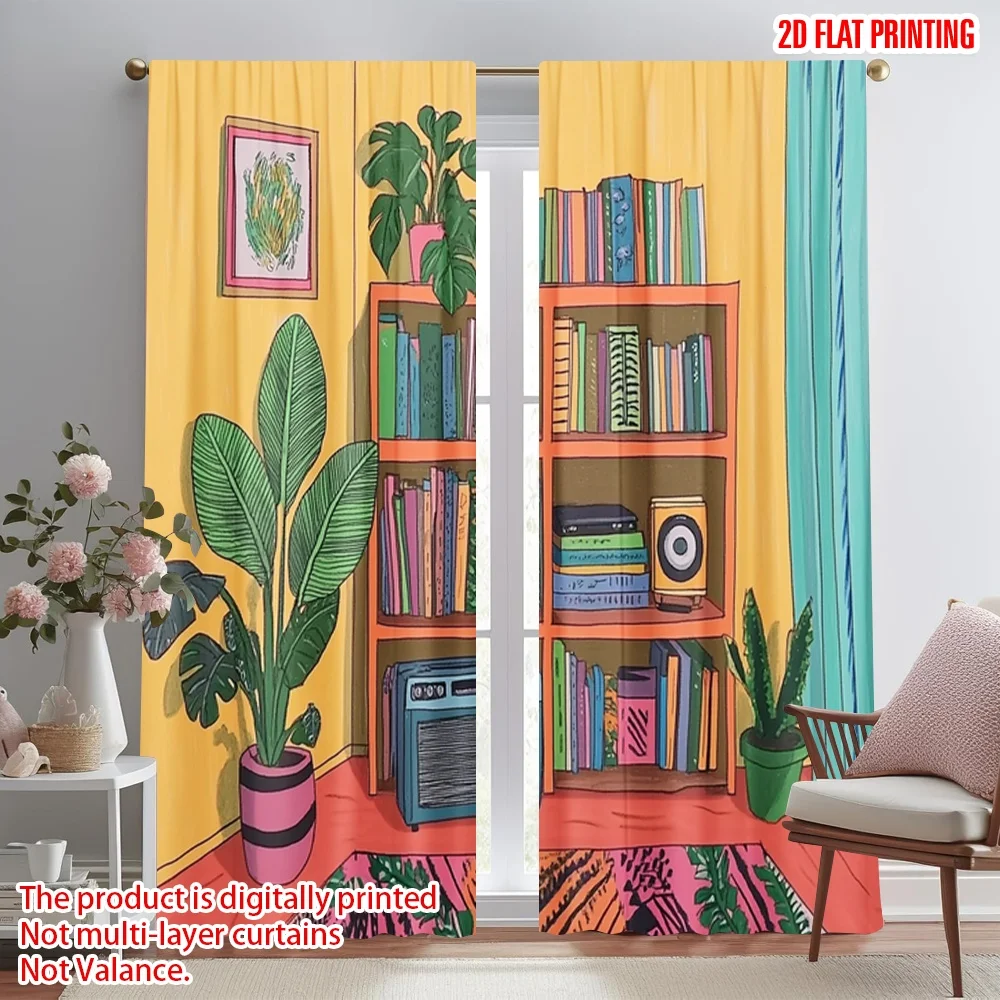 

2pcs 2D flat printing Scene Curtain Bookshelves_ books_ plants_ rooms_ Durable Polyester Without Electricity All Season Party &