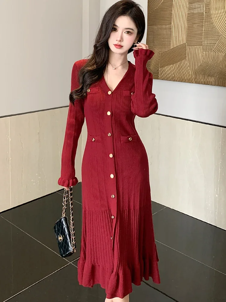 Autunno inverno nero lavorato a maglia monopetto abito lungo donna elegante Casual maglione arruffato vestito 2024 coreano Vintage Prom Dress