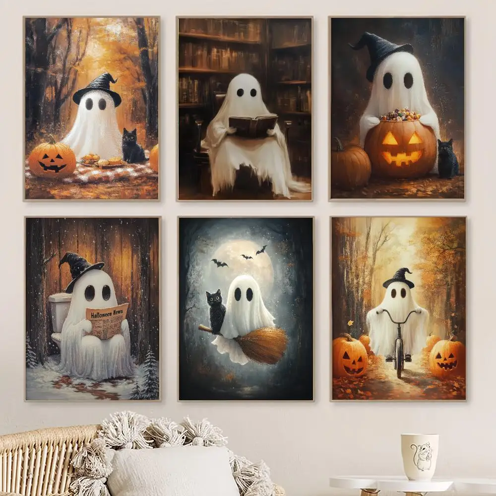 Cute Ghost Black Cat Riding A Broom Stickers Poster  Ghost Read Book Jack-o-lantern Halloween Wall Art  Autumn Home Decor Gift
