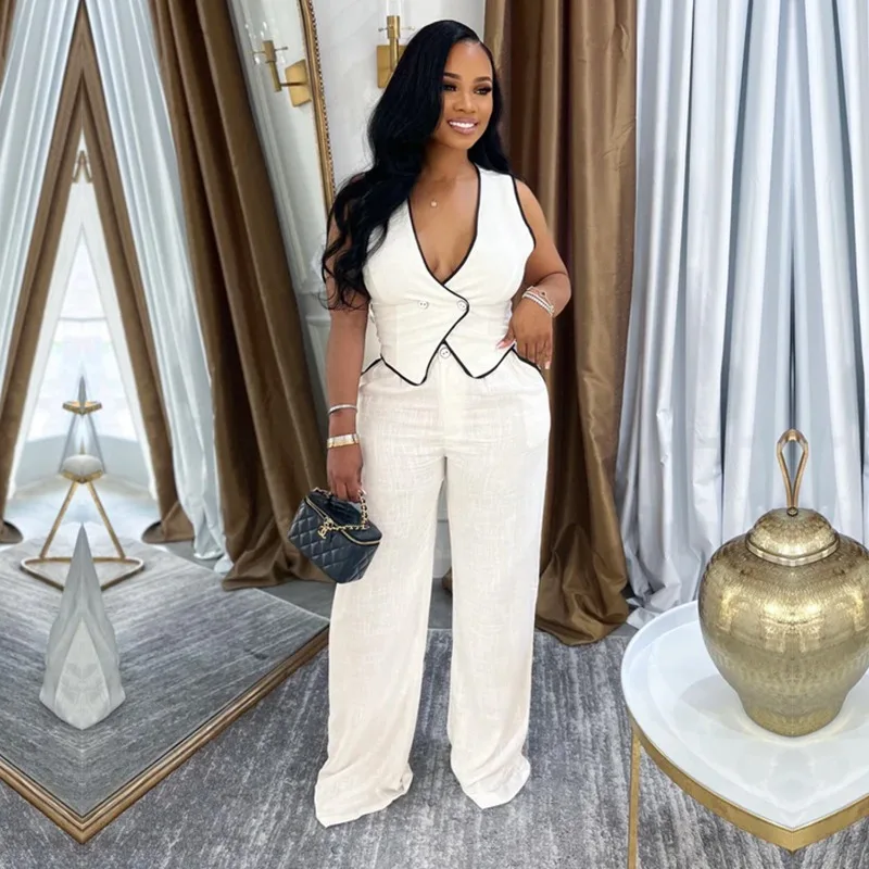 

KEXU Fashion OL Women's Set Vest Tops and Wide Leg Pants Suit 2025 ElegantSummer Street Two 2 Piece Sets Outfit Tracksuit