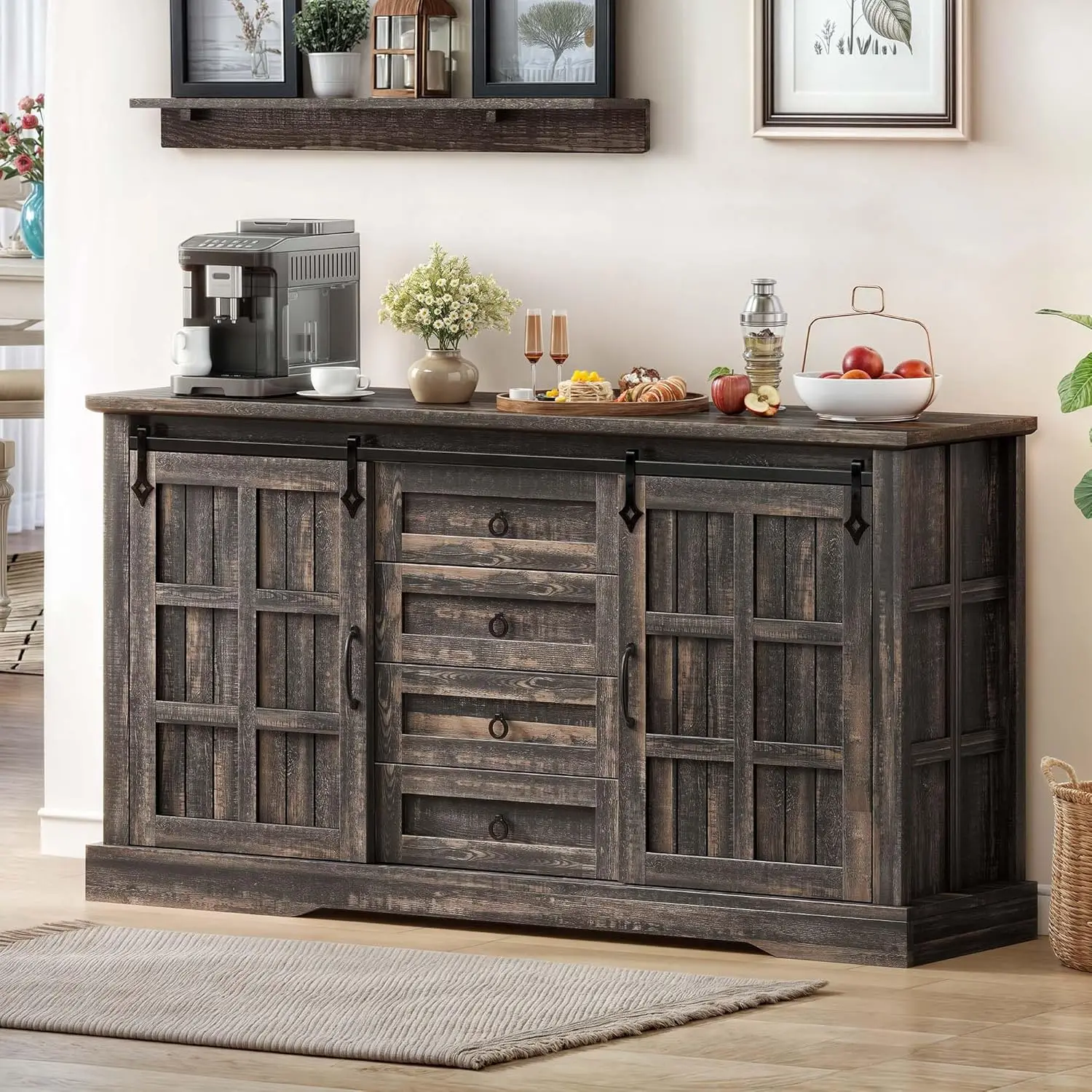 Mueble buffet con almacenamiento, mueble de cocina grande con puertas corredizas de granero y 4 cajones, aparador para salón, color oscuro