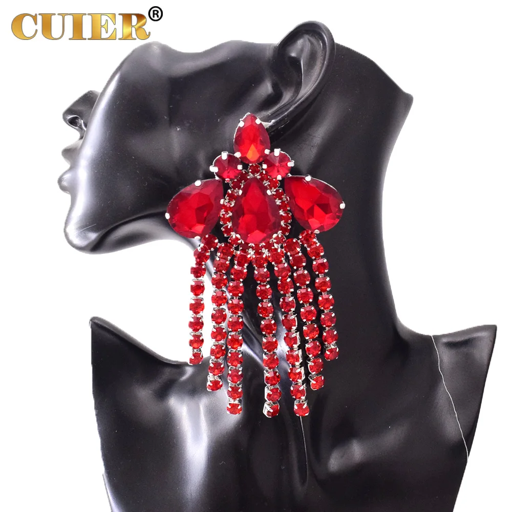 CUIER 12CM Long Tassel Women Earrings With Red Rhinestones SS28 Huge Size Jewelry for Wedding Bridal Nightclub Accessories