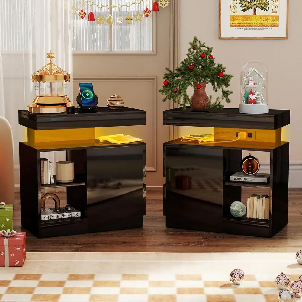 

Современный комплект из 2 глянцевых приставных столиков с зарядной станцией, поворотным боковым столиком, регулируемой полкой и LED-подсветкой для гостиной