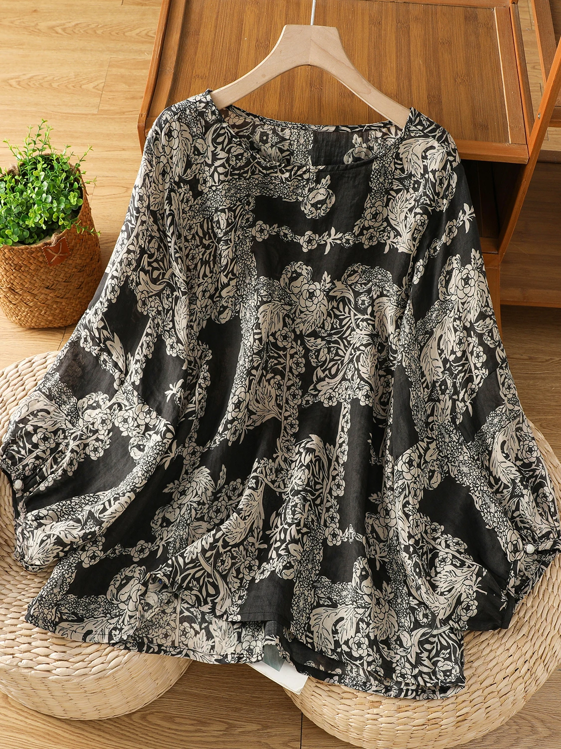 

Retro Print Flax irt Women's round Ne Svel Casual Top Loose Fit plus Size Versatile Summer Faion Artistic Sle