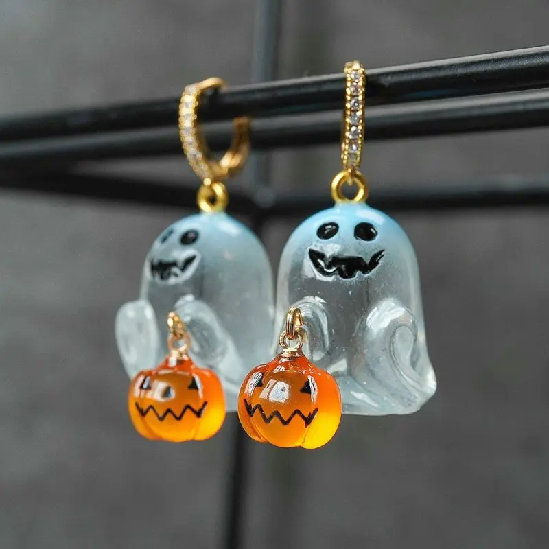 Transparent Ghost Cute Earrings Creative Ghost With Pumpkin Lantern Design Halloween Statement Jewelry Wholesale Kawaii Earrings