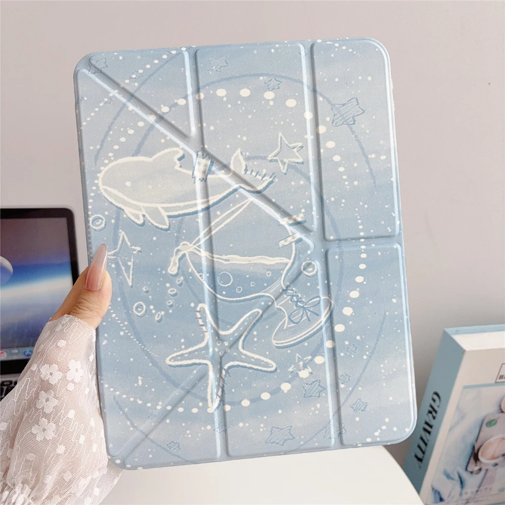 Korean Ins Blue Ocean Whale Wine Cup Y2K Cover For iPad Pro 13 11th M5 M4 12.9 A16 10 8 7 9th 10th Air 11 M2 M3 Mini Tablet Case