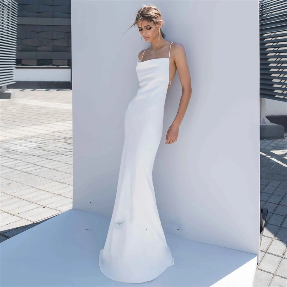 Sexy Sleeveless V-Neck Crepe White Mermaid Wedding Dress For Women Simple Lace up Back Customize To Measures Robe De Maries