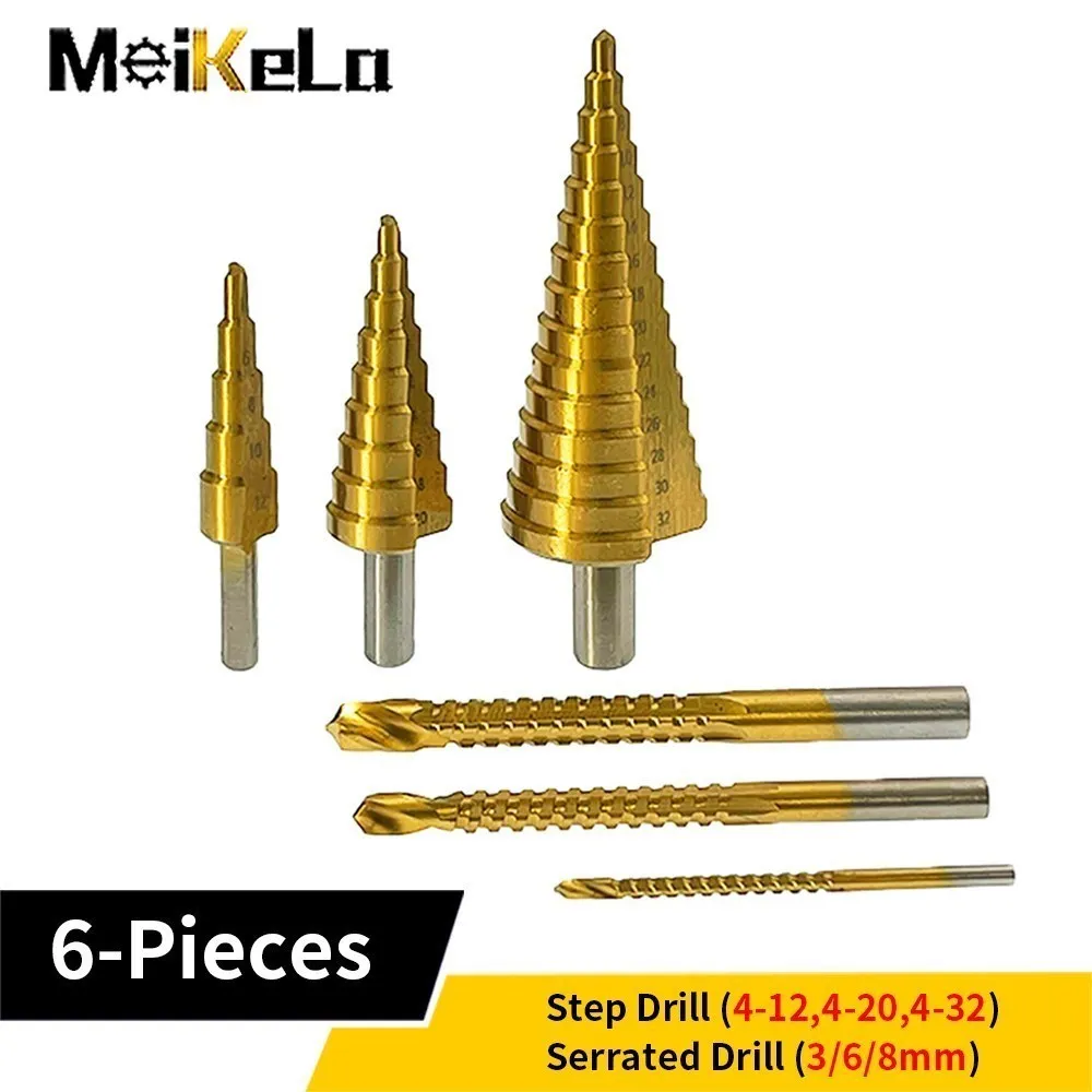 Meikela 6Pcs Step Drill Bit Set Titanium Milling Cutter 4-12 4-20 4-32mm 3 6 8mm For Woodworking Metal Core Hole Saw Opener Bit