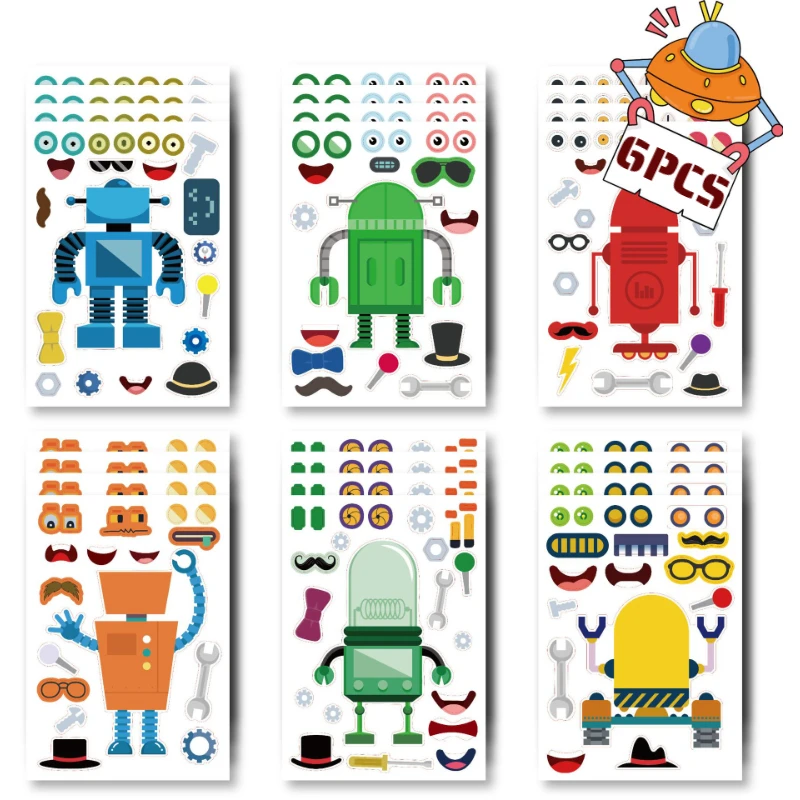 6Pcs/set Cartoon Robot Series Puzzle Stickers Boys Love Technology DIY Puzzle Stickers Cool Children Education Stationery