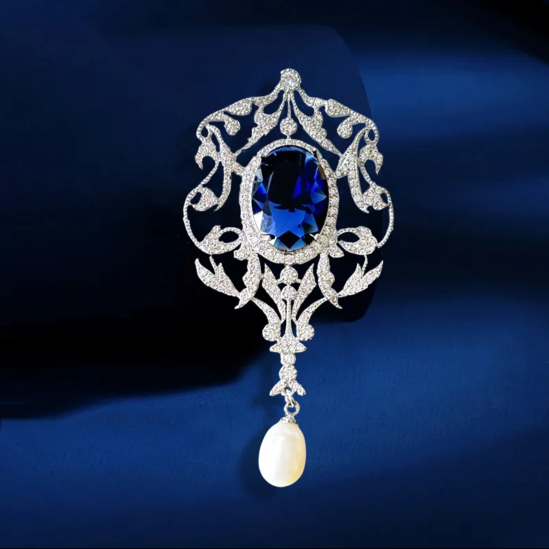 

Vintage Court Style Handmade Freshwater Pearl Broochpins Zircon Hollow Lace Blue Color Broche Decorativo De Ropa for Woman Decor