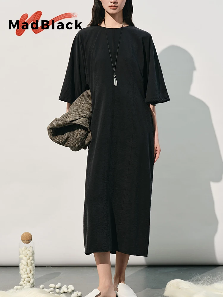 

MadBlack-80%Silk 20%Nylon Elegant Dress, O Neck Half Sleeve Solid, Women Comuute Lazy Loose Dresses, 2026 Summer New D64149CC
