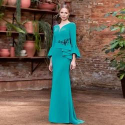 Elegant Mermaid Mother of the Bride Dresses O Neck Flare Sleeves Wedding Party Gowns Appliques Floor-Length 2024 فساتين السهرة