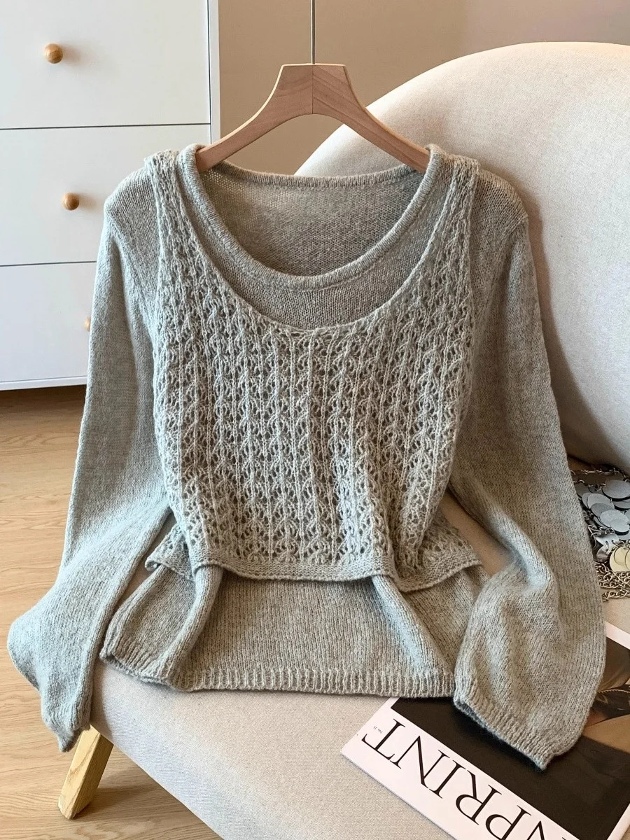 

Вязаный ажурный жилет и свитер-боди, комплект из двух предметов для женщин, корейский стиль, модный осенний наряд, комбо