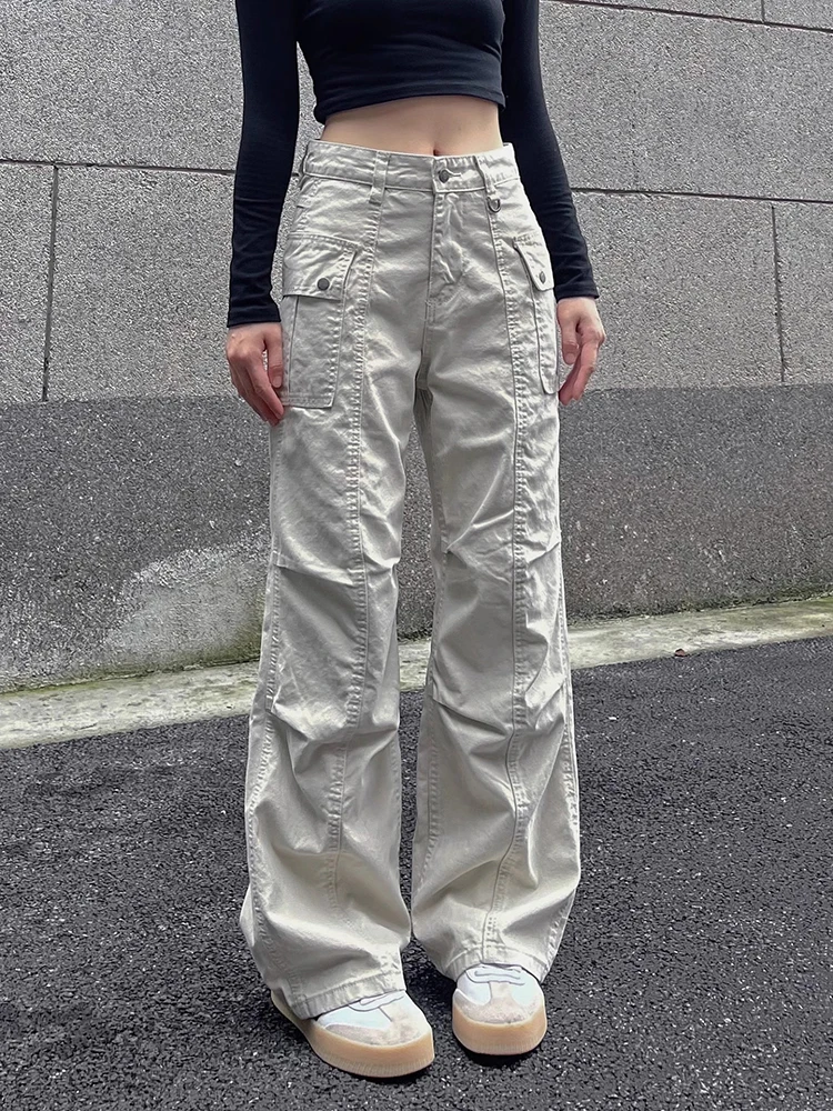Calças Retrô Americanas Estilo Workwear com Vibe Militar, Jeans Desbotado de Perna Reta, Calças Casuais para Homens e Mulhere...