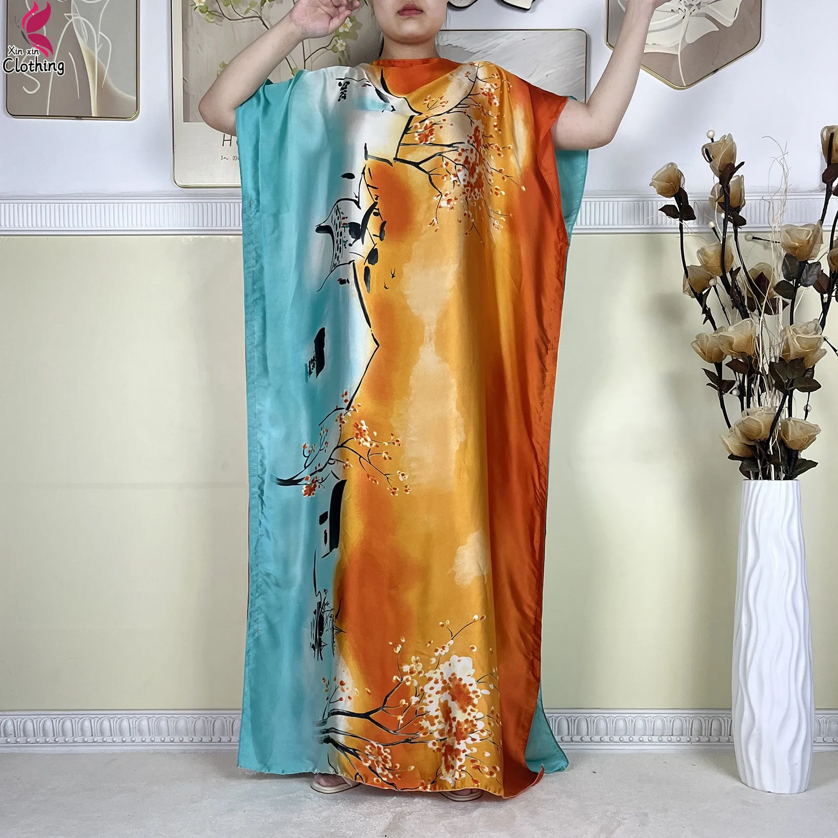 Novo verão africano kaftan vestido feminino 2025 moda bat manga seda solto vestido com cachecol roupas femininas islâmicas