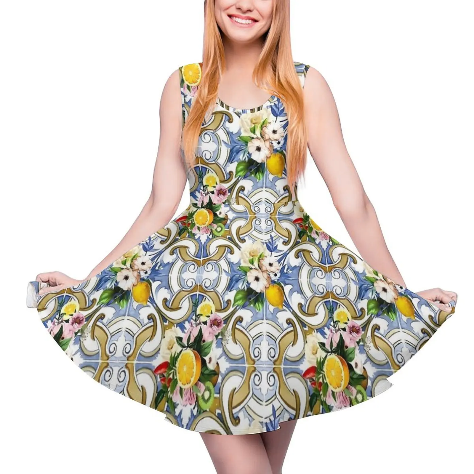 Lemon Retro Dress Sicilian Tiles Modern Dresses High Waist Street Fashion Custom Skate Dress Summer Oversize Vestidos