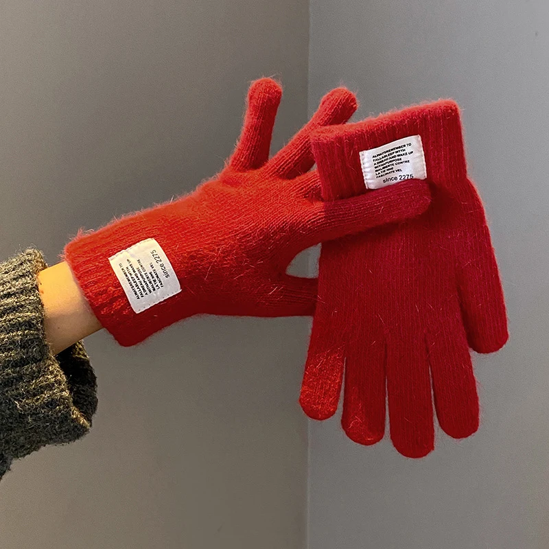 Luvas femininas de malha sólida outono inverno mão quente engrossar pulso curto feminino luvas de dedos completos inverno equitação esqui luvas