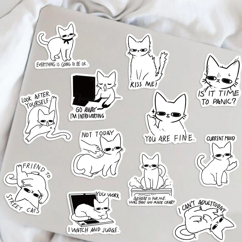 50pcs Black and White Cat MEME Cartoon Graffiti Stickers DIY Phone Laptop Notebook Suitcase Waterproof Sticker Kids Toy Gifts