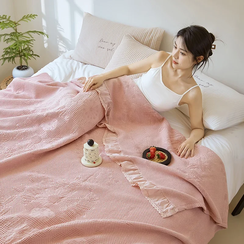 Japanese Furbelow Blankets Summer Pure Cotton Waffle Relief Obscure Throw Blanket Double Bed Sofa Cover Blanket Quilts Bedspread