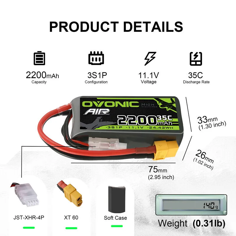 OVONIC Batería LiPo 3S 11.1V 2200mAh 35C XT60 drone FPV - imagen 3