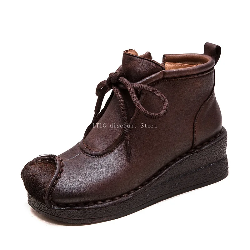 Woman Slope heeled 5.5cm Autumn Winter New Retro Handmade Ankle Boots Genuine Leather Round Toe Women's Wedges Shoes Botas Mujer