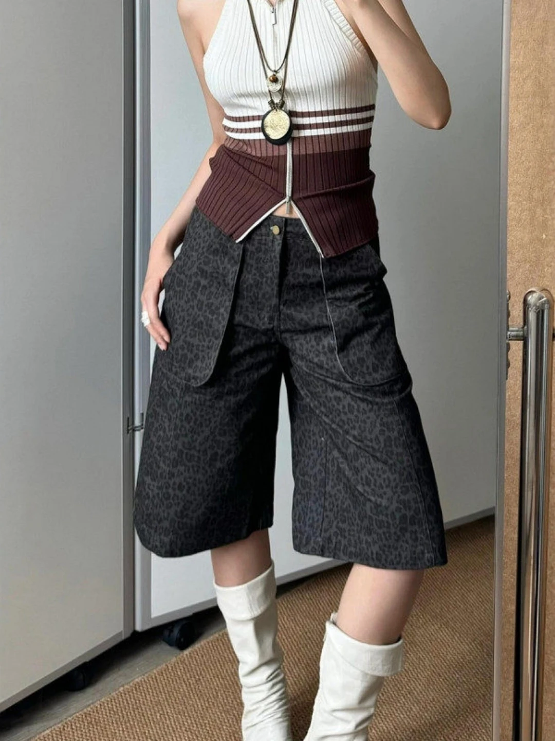 

Retro Leopard Print Seven-Foot Denim Shorts Women's plus Size Summer Loose Wide Leg Casual High Waist Pants