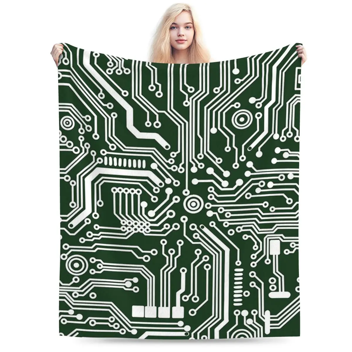 Dark Green Microchip Hardware Circuit Design Blankets Soft Warm Flannel Throw Blanket Plush for Bed Living room Picnic Home Sofa