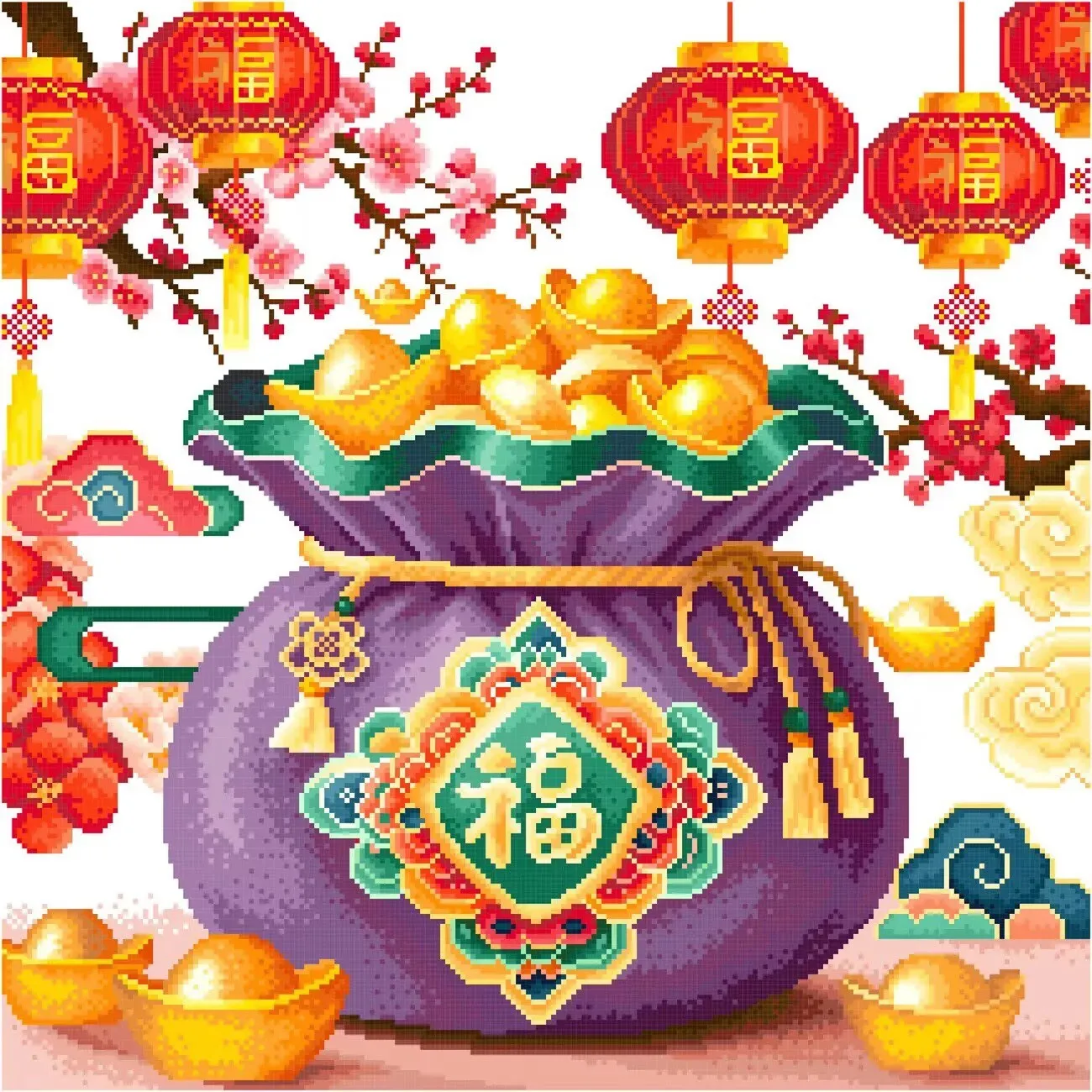 KS Ecological Thread Cross Stitch Kit - 14CT 11CT 9CT Purple Blessing Bag Printed DIY Embroidery Needlework Set for Home Crafts