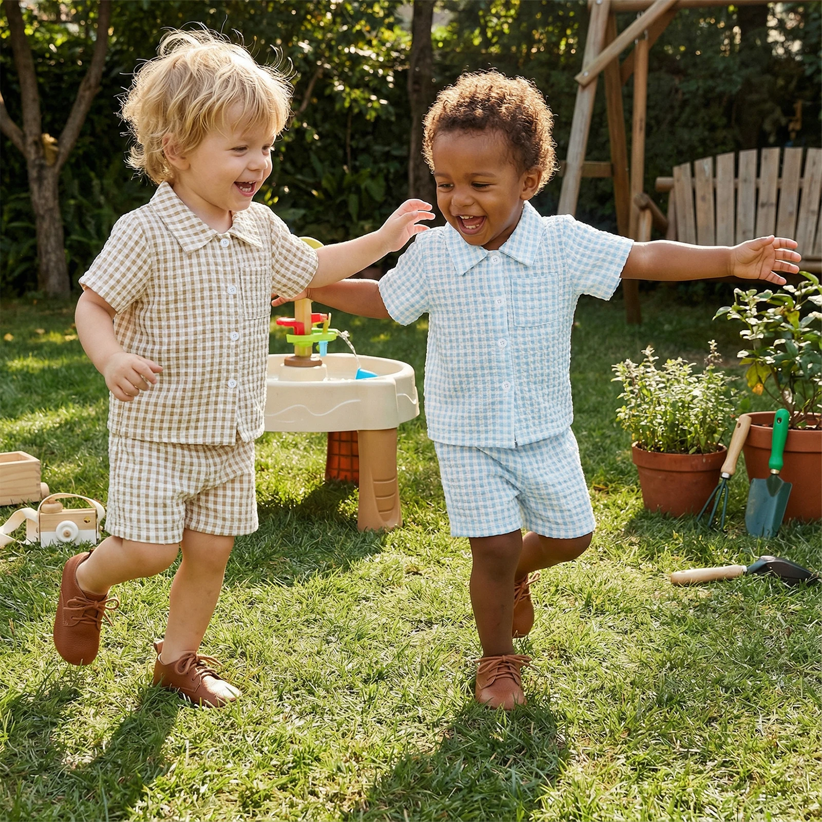 FOCUSNORM 0-4Y Toddler Baby Boys Summer Clothes Sets Outfit Plaid Button Down Turn Down Neck Short Sleeve Shirt and Shorts