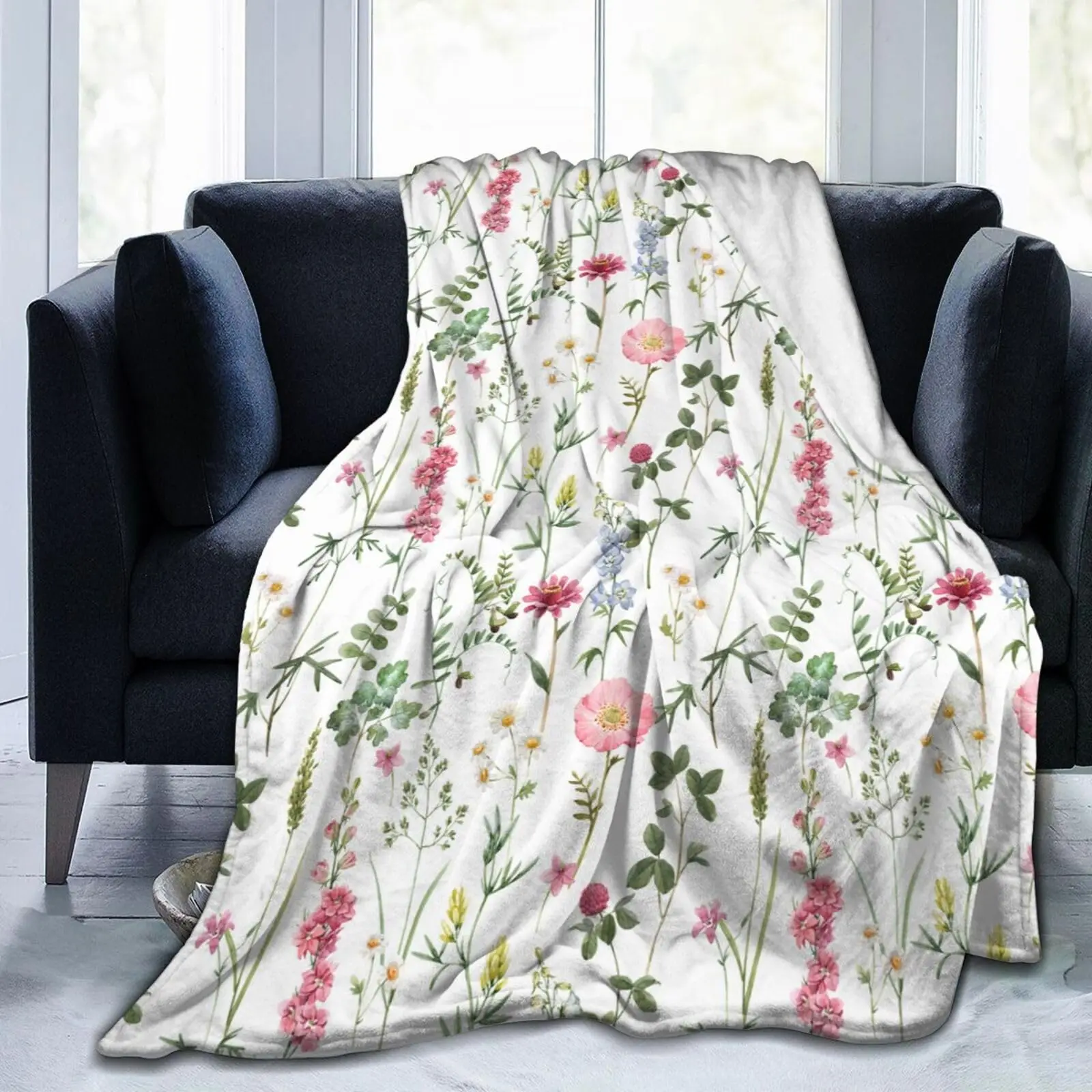 Floral Blanket, Soft Cozy Flannel Fleece Cottagecore Wildflower Flower Throw Blanket for Home Bedroom Sofa Couch Chair Bed Decor