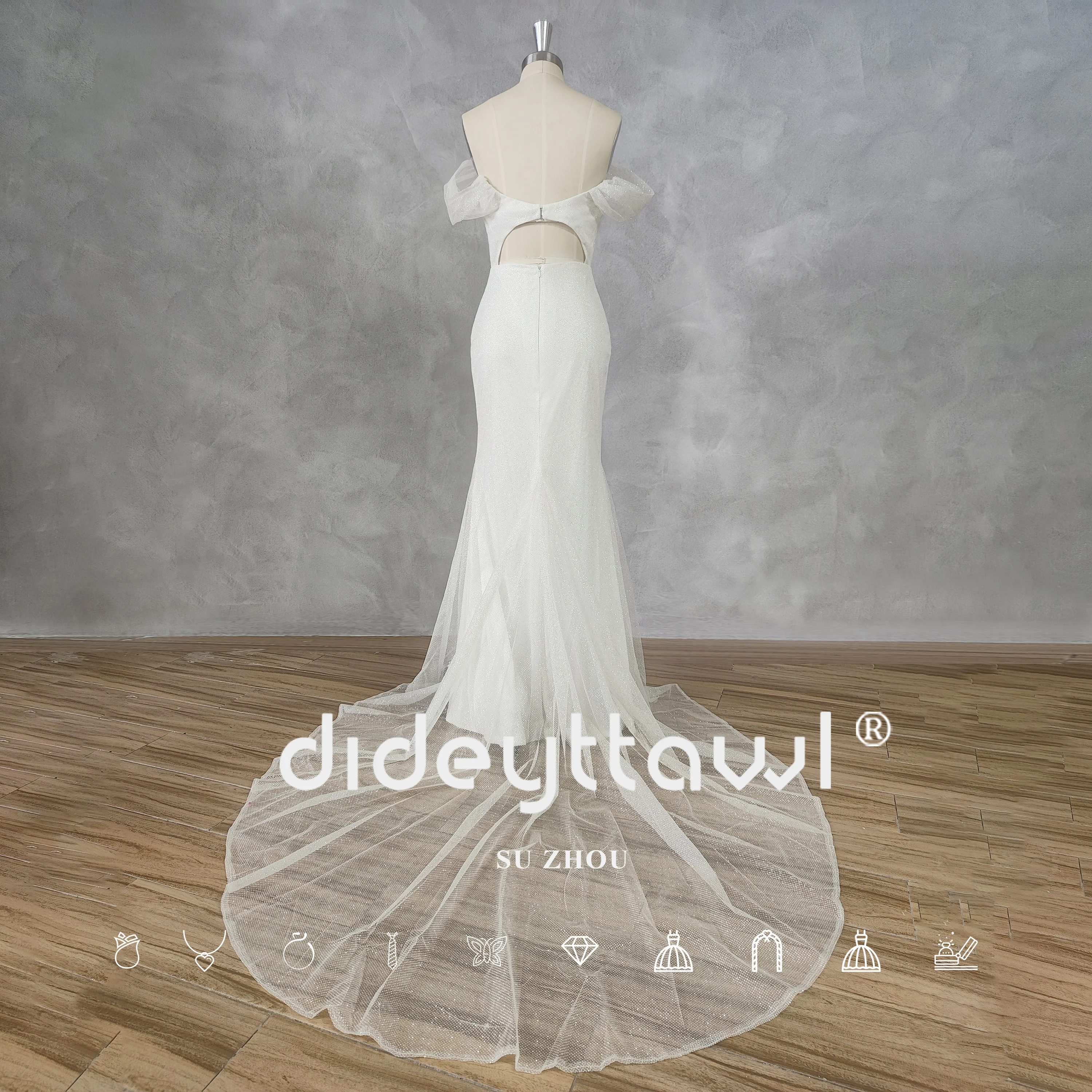 DIDEYTTAWL-Off-ombro brilhante Tulle Sereia Vestido de Noiva, Real Picture, Cut Out, Ruched Zipper, Open Back, Tribunal Trem, vestido de noiva