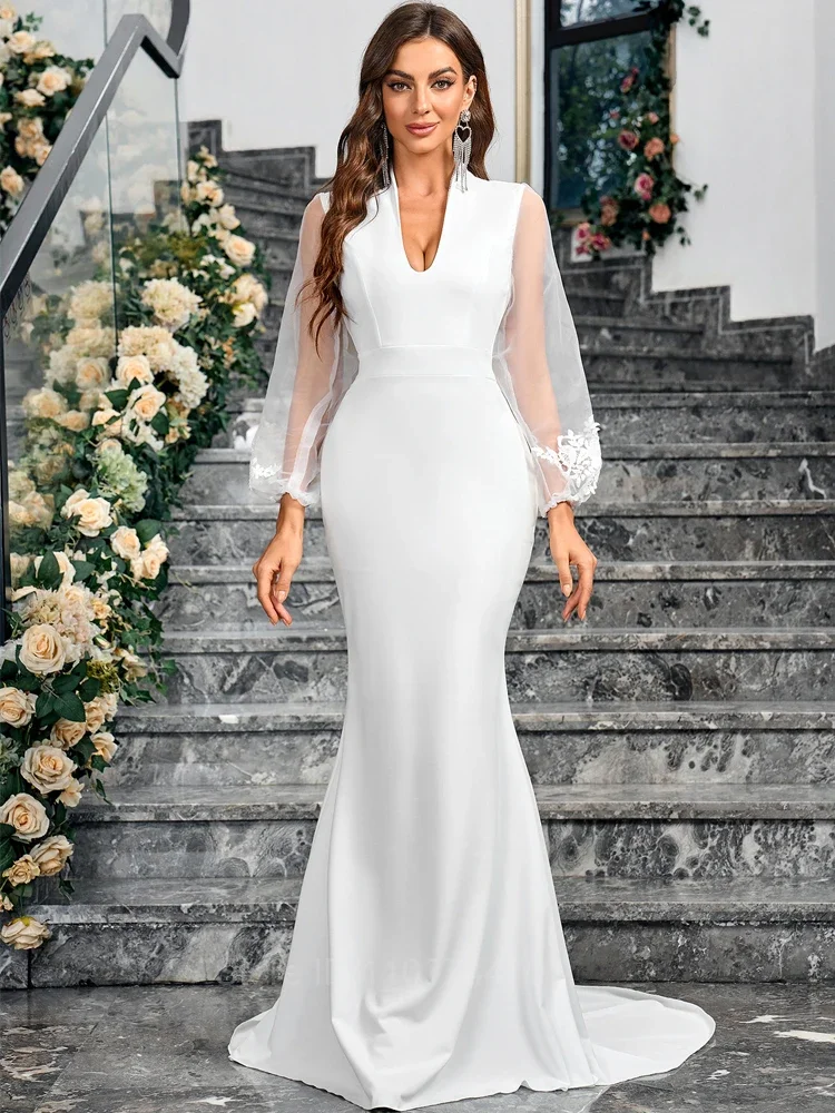 Elegant V-Neck Chiffon Wedding Dress Long Sleeves Simple Party Gowns 2024 Bridal Gown For Women Robe De Mariee Vestidos Largos