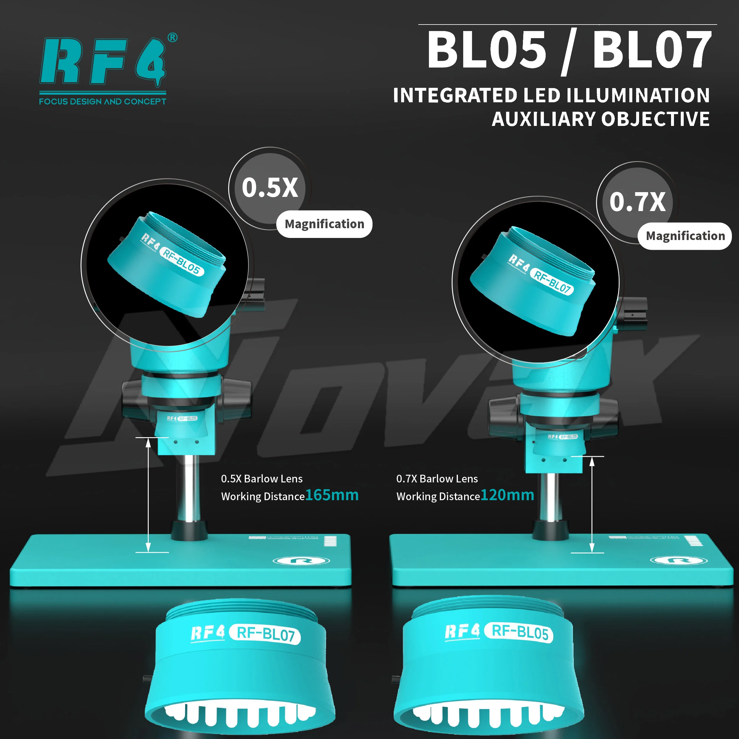 RF4 RF-BL05 RF-BL07 Integrated LED Lighting Auxiliary Objective Lens,0.5X 0.7Xlens, Mobile Motherboard Repair Microscope Adapter