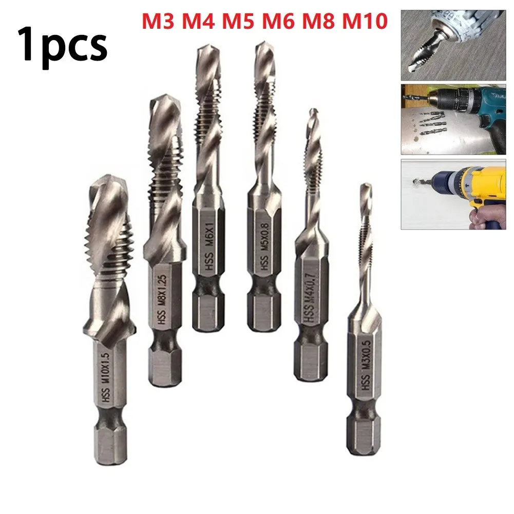 1pc Hex Shank Titanium Coated HSS Screw Thread Metric Tap Drill Bits Screw Machine Compound Tap M3 M5 M6 M8 M10 Hand Tools