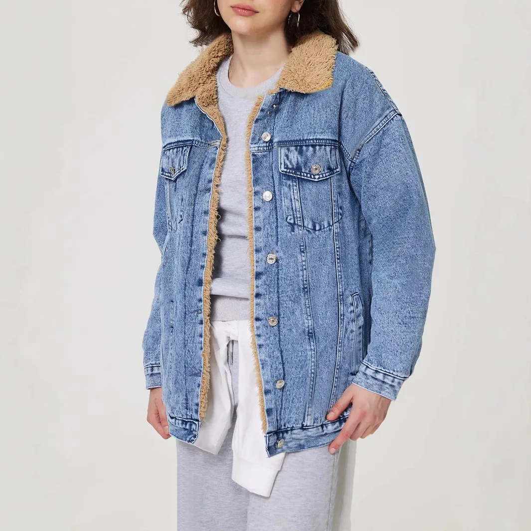 

Plus-size American Retro Blue Fleece Lined Thickened Denim Jacket Women's 2026 New Arrival Autumn Winter Petite Loose Warm Top
