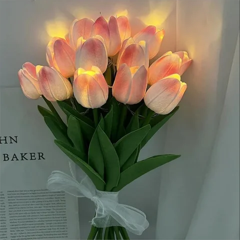 5/10pcs LED 튤립 인공 꽃 PU 튤립 가짜 꽃 꽃다발 밤 빛 홈 정원 장식 웨딩 생일 선물