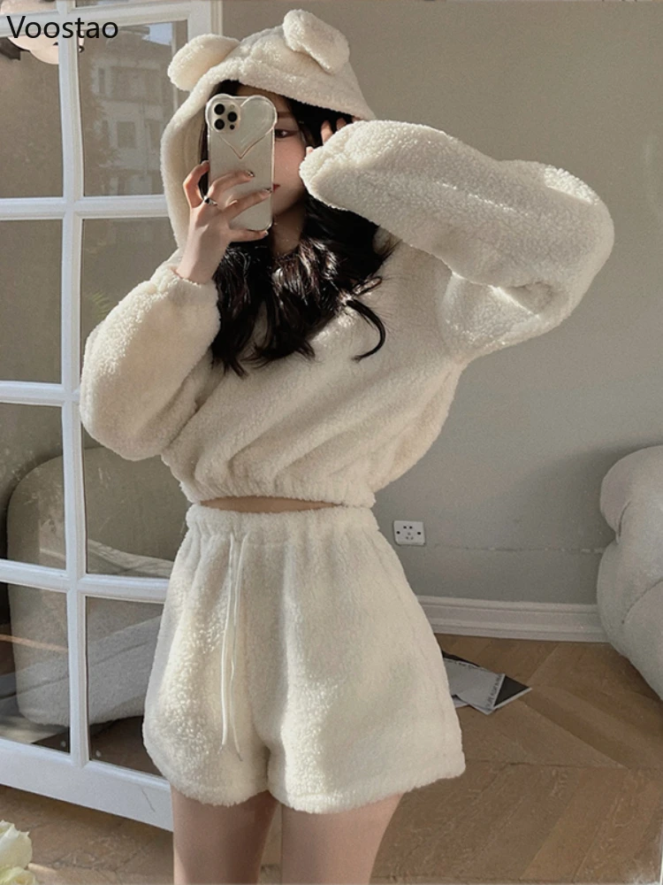 Autumn Winter Women Kawaii Shorts Set Soft Plush Bear Ears Hooded Sweatshirt High Waist Shorts Suit Girls Hoodies 2 Piece Sets