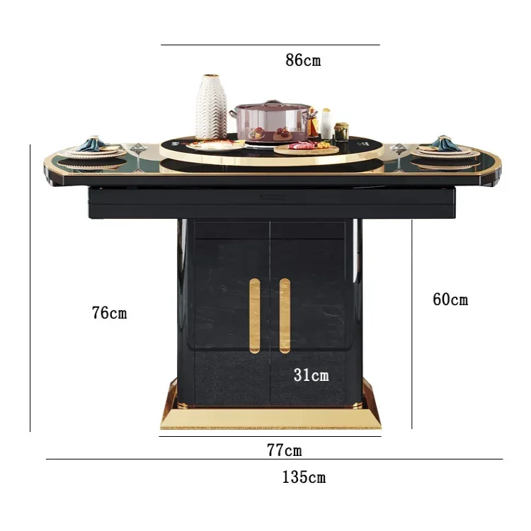 Black Dining Tables Tempered Glass Smart Heating Modern Luxury Extendable Round Table Chairs Set 6 with Induction Hob Home-use