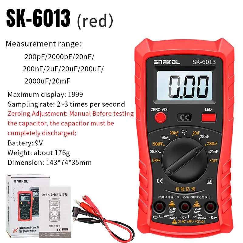SK-6013 Digitaler Kapazitätstester, professionelles Kapazitätsmessgerät, 20000 μF, Kondensatoranalysator, 1999 Zählungen, elektrisches Multimeter – Detail 3