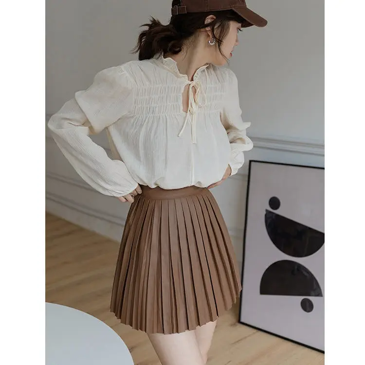 2023 leather skirt skirt women's spring and autumn new high waist thin PU leather pleated skirt A-line short skirt small size