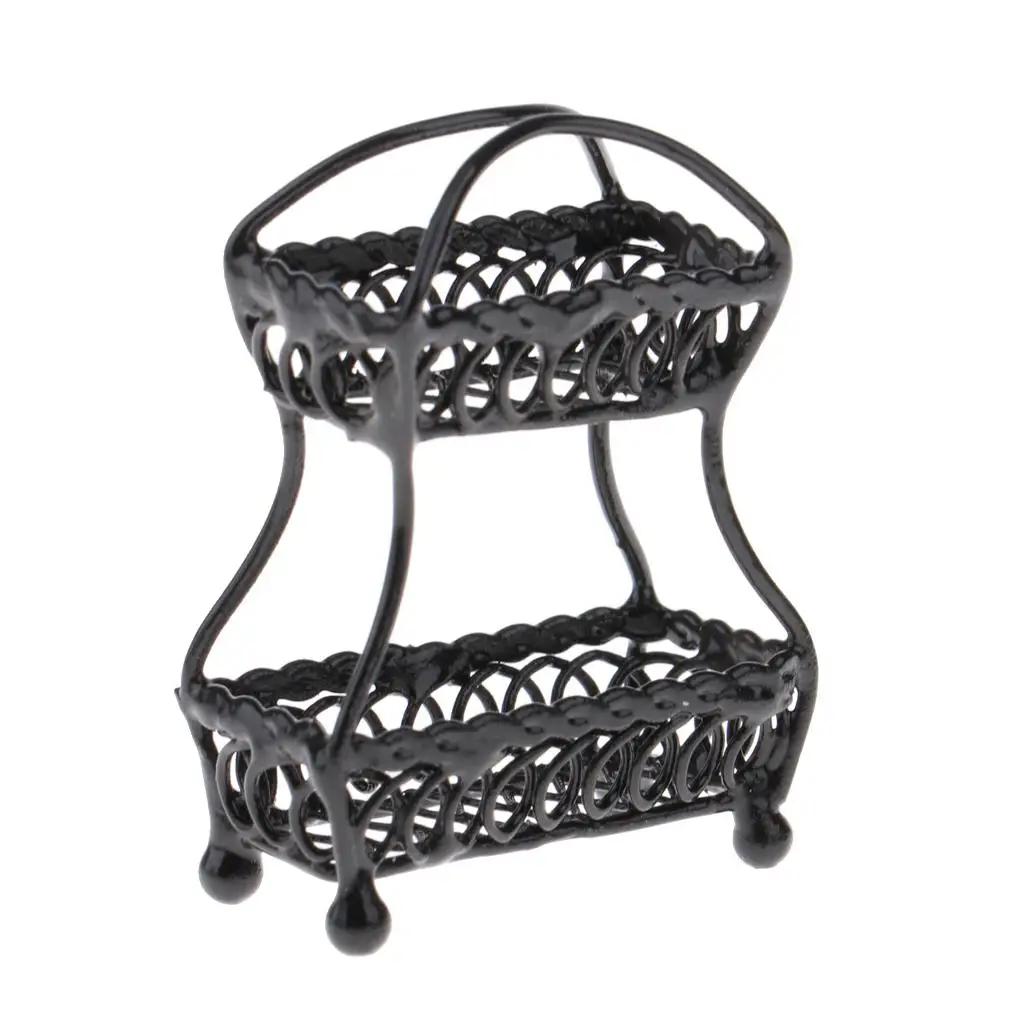 Cesta de almacenamiento de frutas en miniatura de 2 niveles, Kit de soporte de cocina para casa de muñecas, color negro