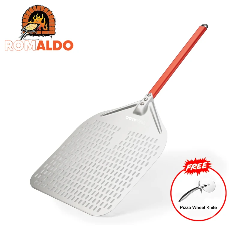 Pala para Pizza ROMALDO de 12/13/14 Pulgadas, Anodizada, con Mango de Silicona, Perforada, Rectangular, para Hornos Domésticos