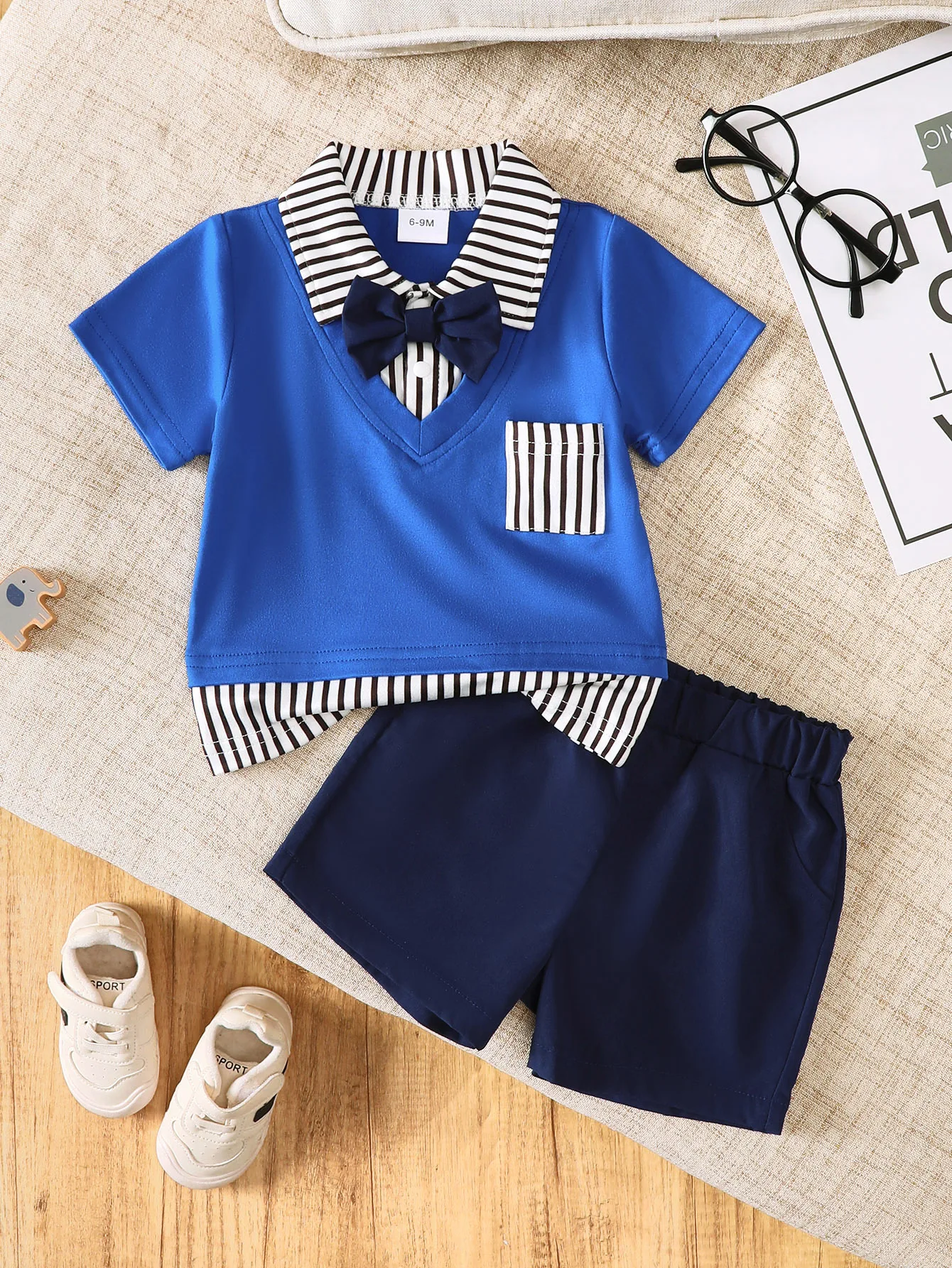 2-Piece Set, Baby Boy Summer Casual Cute College Style Striped Color-Blocked Polo Collar Short-Sleeve Top and Shorts Set, Suitable for Birthday Parties, Weddings, Full Moon Celebrations, Baptisms, and First Birthday Celebrations
