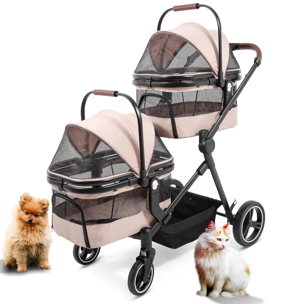 

Foldable Double Pet Stroller for 2 Small Medium Cats Dogs, Lightweight Single and Double Integrated Pet Stroller with Detachable